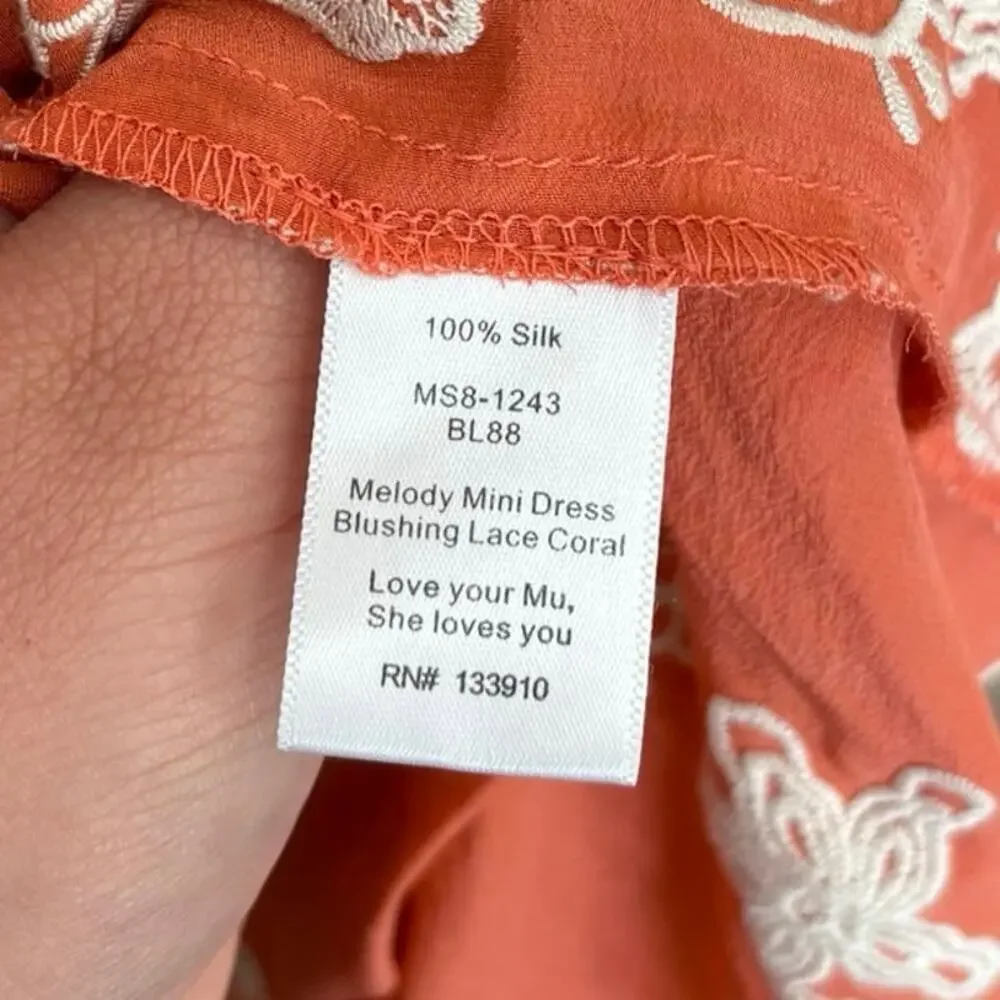 Show Me Your MuMu Blushing Lace Coral Floral 100% Silk Mini Dress Size Medium - Picture 6 of 7